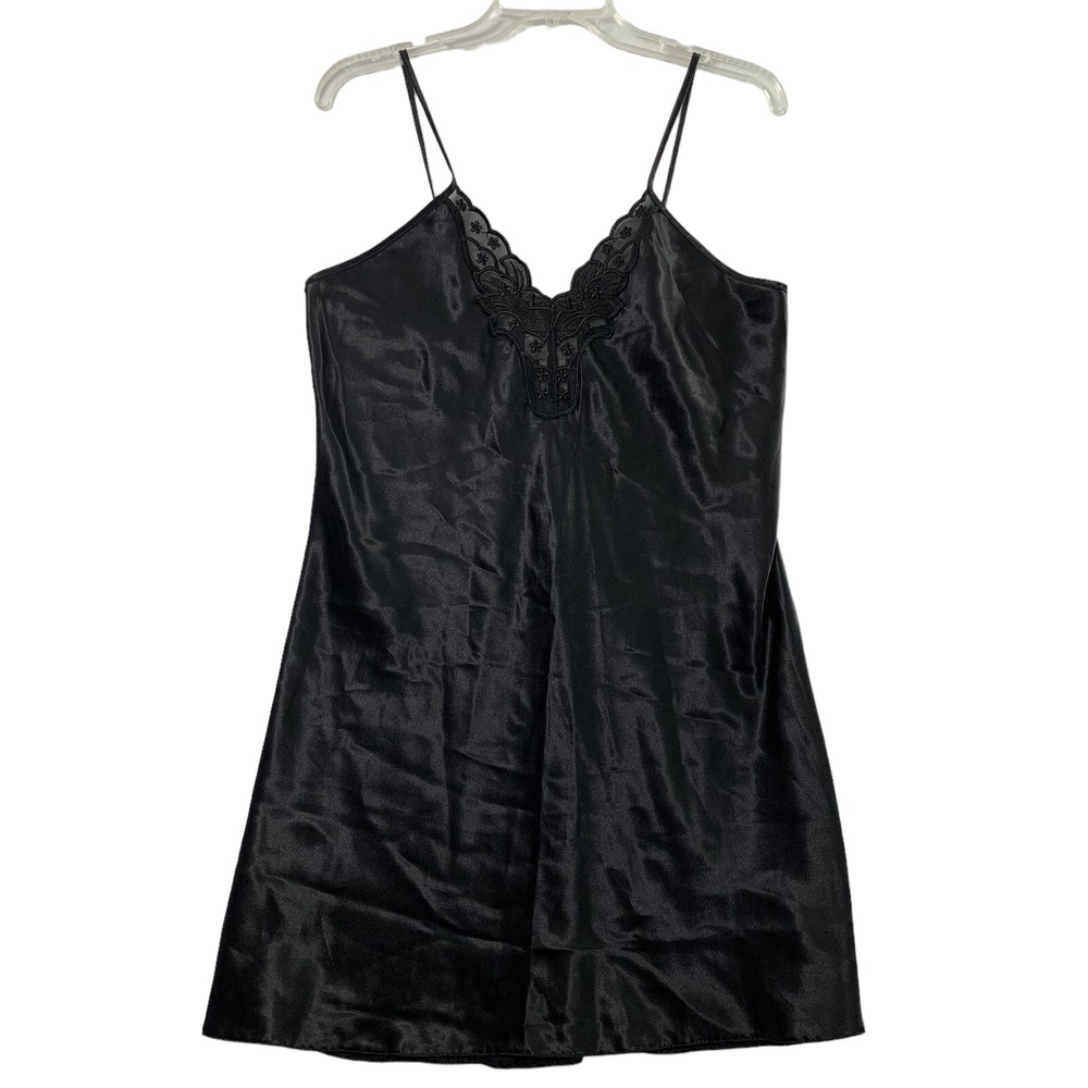 Vintage Sears Slip Dress Womens Medium 12-14 Black Satin Chemise Gown Sexy